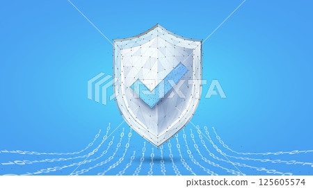 Secure technology. Polygonal wireframe shield with check mark sign isolated on blue. Secure technology. Polygonal wireframe shield with check mark sign isolated on blue. 125605574