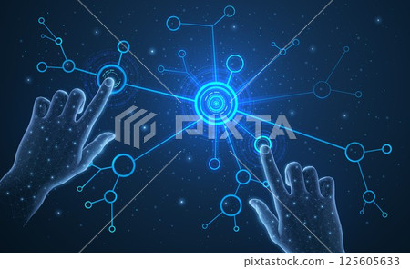 Hands on the blue digital background. Technology digital, future information. 125605633