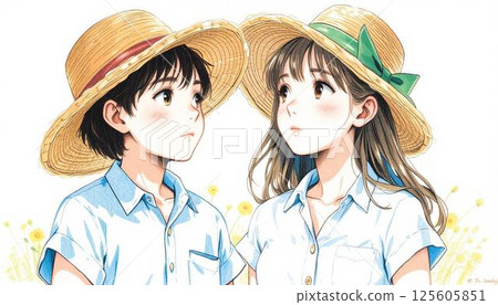 Boy and girl wearing straw hats 125605851
