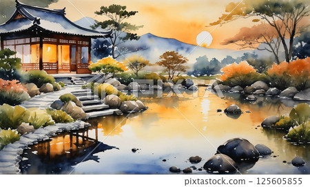 夕陽映照下的日本庭園水彩畫，寧靜與日式之美交相輝映 125605855