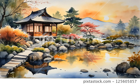 夕陽映照下的日本庭園水彩畫，寧靜與日式之美交相輝映 125605857