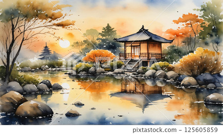 夕陽映照下的日本庭園水彩畫，寧靜與日式之美交相輝映 125605859