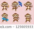 Six cute cartoon monkeys doing various activities, including eating, drinking, and holding items, on a pink background. 125605933