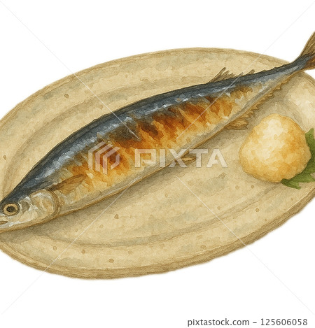 水彩風格烤秋刀魚插畫 |秋季日式料理搭配蘿蔔絲 水彩風格烤秋刀魚插畫 |秋季日式料理搭配蘿蔔絲 125606058