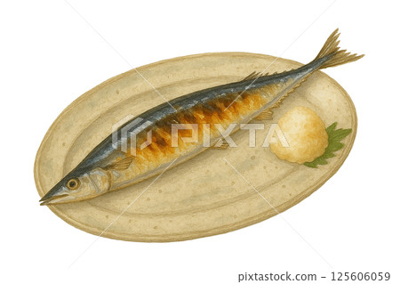 Watercolor style grilled saury illustration | Autumn Japanese food served with grated daikon radish 125606059
