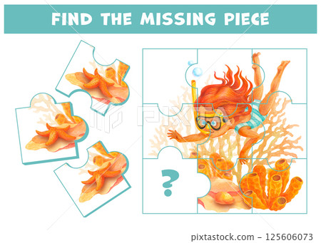 Find the missing puzzle piece for a picture with little girl in a striped swimwear diving between corals. Educational matching game with cartoon character. Logic game for children, learning card Find the missing puzzle piece for a picture with little girl in a striped swimwear diving between corals. Educational matching game with cartoon character. Logic game for children, learning card 125606073