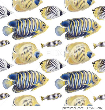Seamless pattern with tropical fish. School of fish. Striped exotic fish of yellow and blue colors. Watercolor illustration isolated. Hand drawing. Print for fabric, textile and wallpaper.  125606207