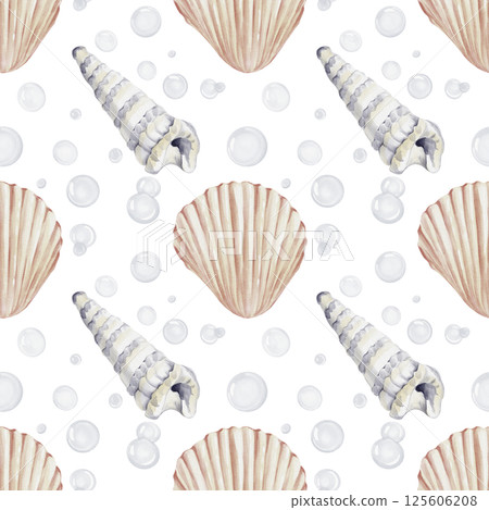 Seamless pattern with seashells and shells of mollusks and snails. Sea scallops. Bubbles background. Watercolor illustration isolated from the background. Sea souvenirs. Print for textiles.  125606208