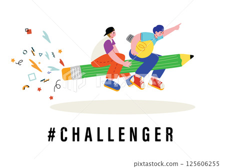 Boy flying on a pencil Boy flying on a pencil 125606255