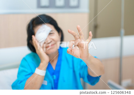 Elderly Woman with eye protective shield after eye surgery. Eye disease, Cataract, Glaucoma, Age Related Macular Degeneration, Diabetic Retinopathy, Vitreous, Lasik, World Glaucoma day and health Elderly Woman with eye protective shield after eye surgery. Eye disease, Cataract, Glaucoma, Age Related Macular Degeneration, Diabetic Retinopathy, Vitreous, Lasik, World Glaucoma day and health 125606348