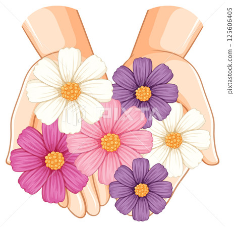 Hands Holding Colorful Cosmos Flowers Illustration 125606405