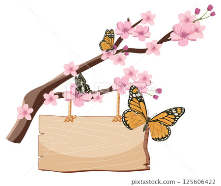 Cherry Blossom Branch with Butterflies and Wooden Sign 125606422