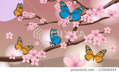 Butterflies and Cherry Blossoms Vector Illustration Butterflies and Cherry Blossoms Vector Illustration 125606444