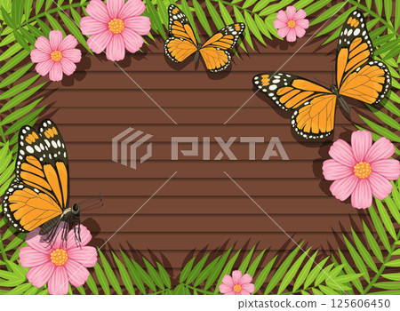 Butterflies and Flowers on Wooden Background Butterflies and Flowers on Wooden Background 125606450