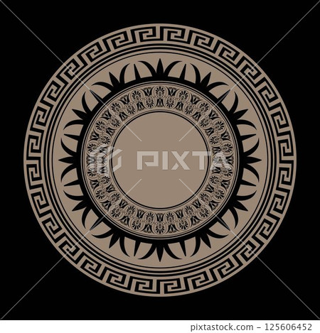 Vector round golden greek frame. Greek floral meander. Patterns of Greece, ancient Rome. Circle european border. Round antique border. Typical egyptian, assyrian, greek, cinesi motives. For printing. Vector round golden greek frame. Greek floral meander. Patterns of Greece, ancient Rome. Circle european border. Round antique border. Typical egyptian, assyrian, greek, cinesi motives. For printing. 125606452