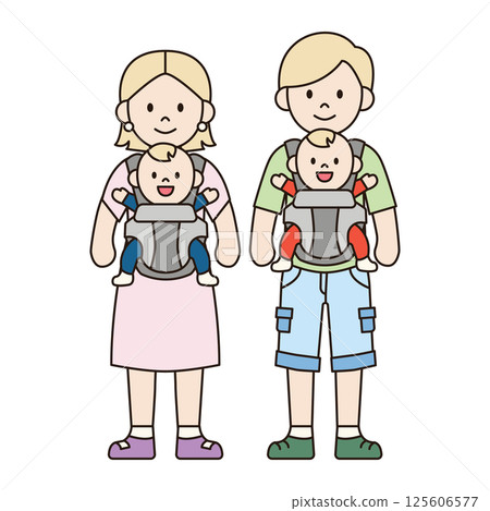 YOUNG COUPLE WITH TWIN BABIES IN CARRIERS white blonde family in casual outfits cute illustration kawaii style outline drawing people simple minimalistic doodle happy kiddy isolated YOUNG COUPLE WITH TWIN BABIES IN CARRIERS white blonde family in casual outfits cute illustration kawaii style outline drawing people simple minimalistic doodle happy kiddy isolated 125606577