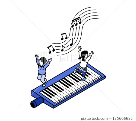 兩個孩子在演奏巨型鍵盤口琴,單色,藍色 兩個孩子在演奏巨型鍵盤口琴,單色,藍色 125606683