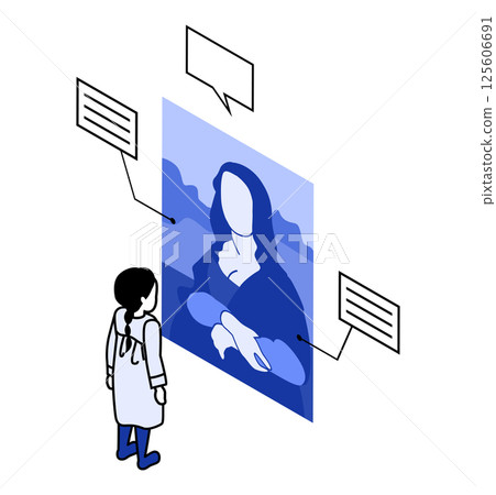 Girl appreciating digital painting, monochrome, blue Girl appreciating digital painting, monochrome, blue 125606691