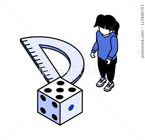 Girl with giant protractor and dice Monochrome Blue 125606703