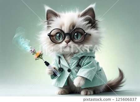 A charming fluffy cat in the image of a caring doctor with a smile A charming fluffy cat in the image of a caring doctor with a smile 125606837