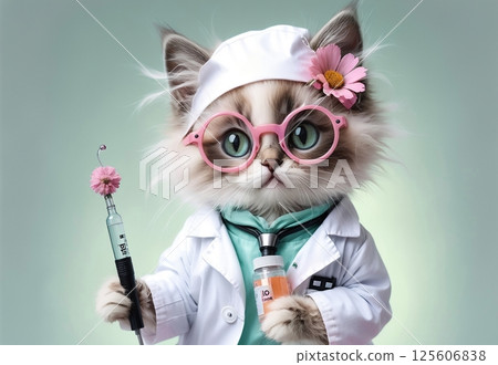 A charming fluffy cat in the image of a caring doctor with a smile A charming fluffy cat in the image of a caring doctor with a smile 125606838