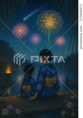 Nocturne / Parents and children watching fireworks and shooting stars in the night sky (diagonal) Nocturne / Parents and children watching fireworks and shooting stars in the night sky (diagonal) 125606851