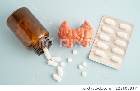 Thyroid model with pill drug treatment, Hyperthyroidism, Overactive or Lymphoma. Thyroid model with pill drug treatment, Hyperthyroidism, Overactive or Lymphoma. 125606937