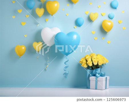 父親節黃玫瑰花束、禮物與心型氣球 125606973