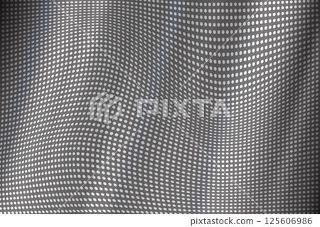 Dotted halftone silver perforated silver film. Vector pixel metal texture background. Distorted black backdrop with holes. 125606986