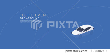 Flood event background with white car surrounded by blue concentric circles, representing rising water levels and natural disaster impact in urban areas. Flood event background with white car surrounded by blue concentric circles, representing rising water levels and natural disaster impact in urban areas. 125606995
