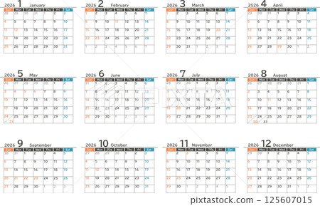 A simple design monthly calendar material set for 2026 (Japan) 125607015