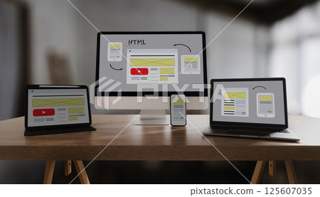 Web Design Homepage Internet layout desktop devices online responsive website and desktop computer 125607035
