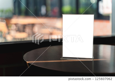 Stand Mock up Menu frame tent card blurred background design key visual layout. 125607062