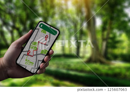 GPS Map to Route Destination network connection Location Street Map with GPS Icons Navigation man gps or locator Exploring target location. 125607063