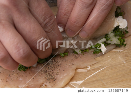 The process of making chicken ham: Pound, stretch, roll and boil chicken breast meat. The process of making chicken ham: Pound, stretch, roll and boil chicken breast meat. 125607149