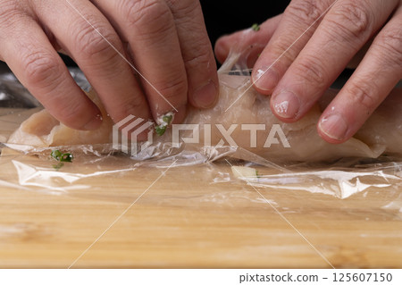 The process of making chicken ham: Pound, stretch, roll and boil chicken breast meat. The process of making chicken ham: Pound, stretch, roll and boil chicken breast meat. 125607150