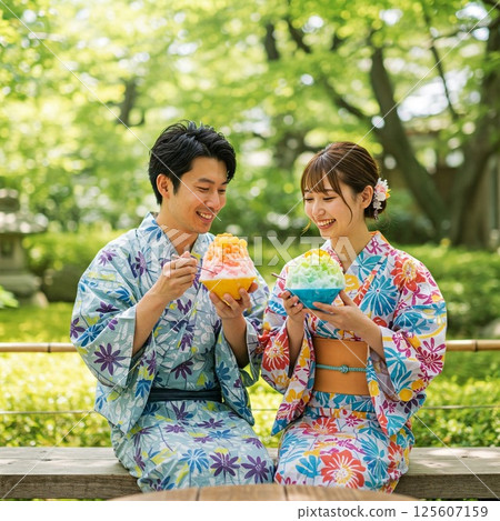 A couple in yukata eating shaved ice 125607159