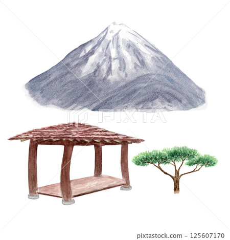 Korean pavilion, gazebo, bonsai pine, mountain watercolor set isolated on white. Hand drawn illustrations perfect as design elements for landscapes, gardens, cards, posters. Nature and architecture Korean pavilion, gazebo, bonsai pine, mountain watercolor set isolated on white. Hand drawn illustrations perfect as design elements for landscapes, gardens, cards, posters. Nature and architecture 125607170