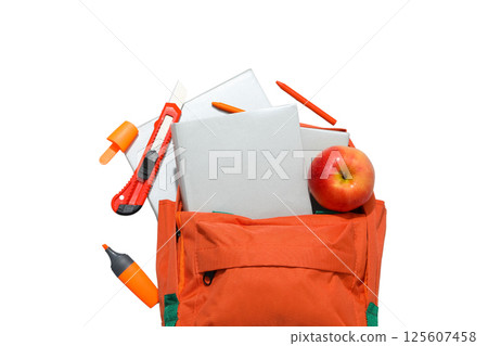 Bright orange backpack filled with books and school supplies, isolated on white Bright orange backpack filled with books and school supplies, isolated on white 125607458