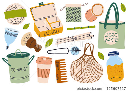 Flat cartoon vector illustration set of zero waste and sustainable living items. Reusable eco friendly products for conscious lifestyle and mindful consumption, bags, compost doodle icons Flat cartoon vector illustration set of zero waste and sustainable living items. Reusable eco friendly products for conscious lifestyle and mindful consumption, bags, compost doodle icons 125607517