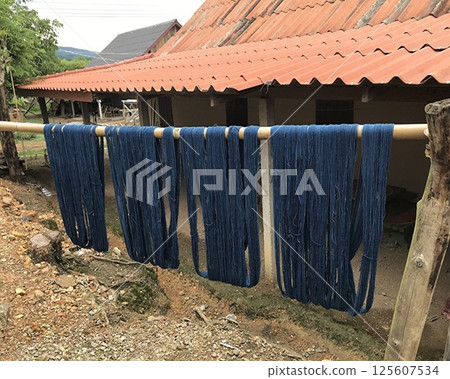 A scene of indigo-dyed thread being dried in a village inhabited by the Laotian minority group, the Lu people. 125607534