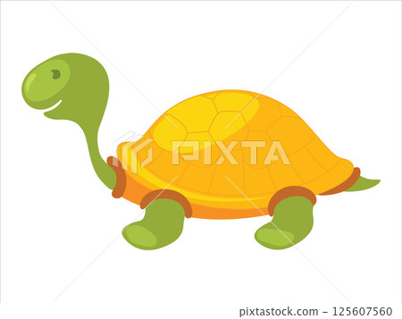 A cheerful cartoon turtle with a bright yellow shell. Sea turtle vector illustration. Cute Tropical cartoon clipart, animal in flat style. Underwater creatures, ocean animals, marine life concept. A cheerful cartoon turtle with a bright yellow shell. Sea turtle vector illustration. Cute Tropical cartoon clipart, animal in flat style. Underwater creatures, ocean animals, marine life concept. 125607560