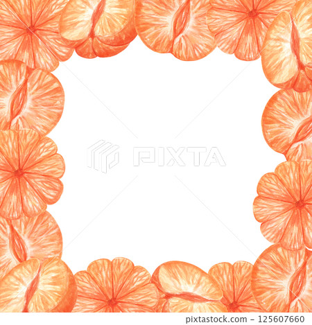 Citrus fruits hand drawn watercolor square frame isolated on white background. Tangerines, oranges 125607660