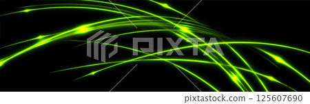 Glowing green neon wavy lines on a dark background 125607690
