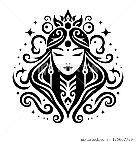 Decorative young Korean woman ornate Illustration isolated on transparent background. Pretty asian female artistic portrait. AI-generated image. Decorative young Korean woman ornate Illustration isolated on transparent background. Pretty asian female artistic portrait. AI-generated image. 125607759