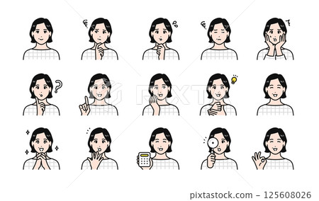 Stylish middle-aged woman facial expression variation set Stylish middle-aged woman facial expression variation set 125608026