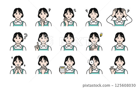 Facial expression variation set of a middle-aged woman wearing an apron 125608030