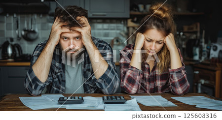 Stressed couple calculating bills at kitchen table, worried expression, cost of living financial problem 125608316