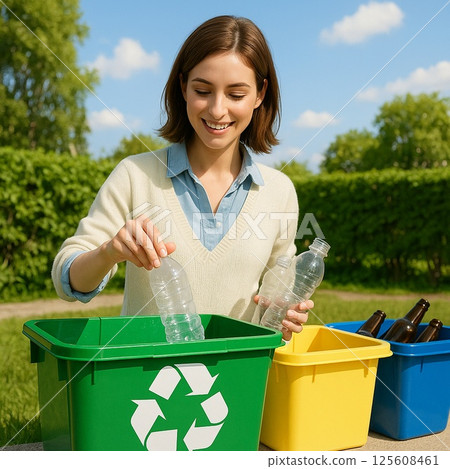 Person sorting recyclable garbage (outdoors, multiple trash bins, cleanliness) 125608461