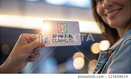 Approval card being presented with a smile. Approval card being presented with a smile. 125608614